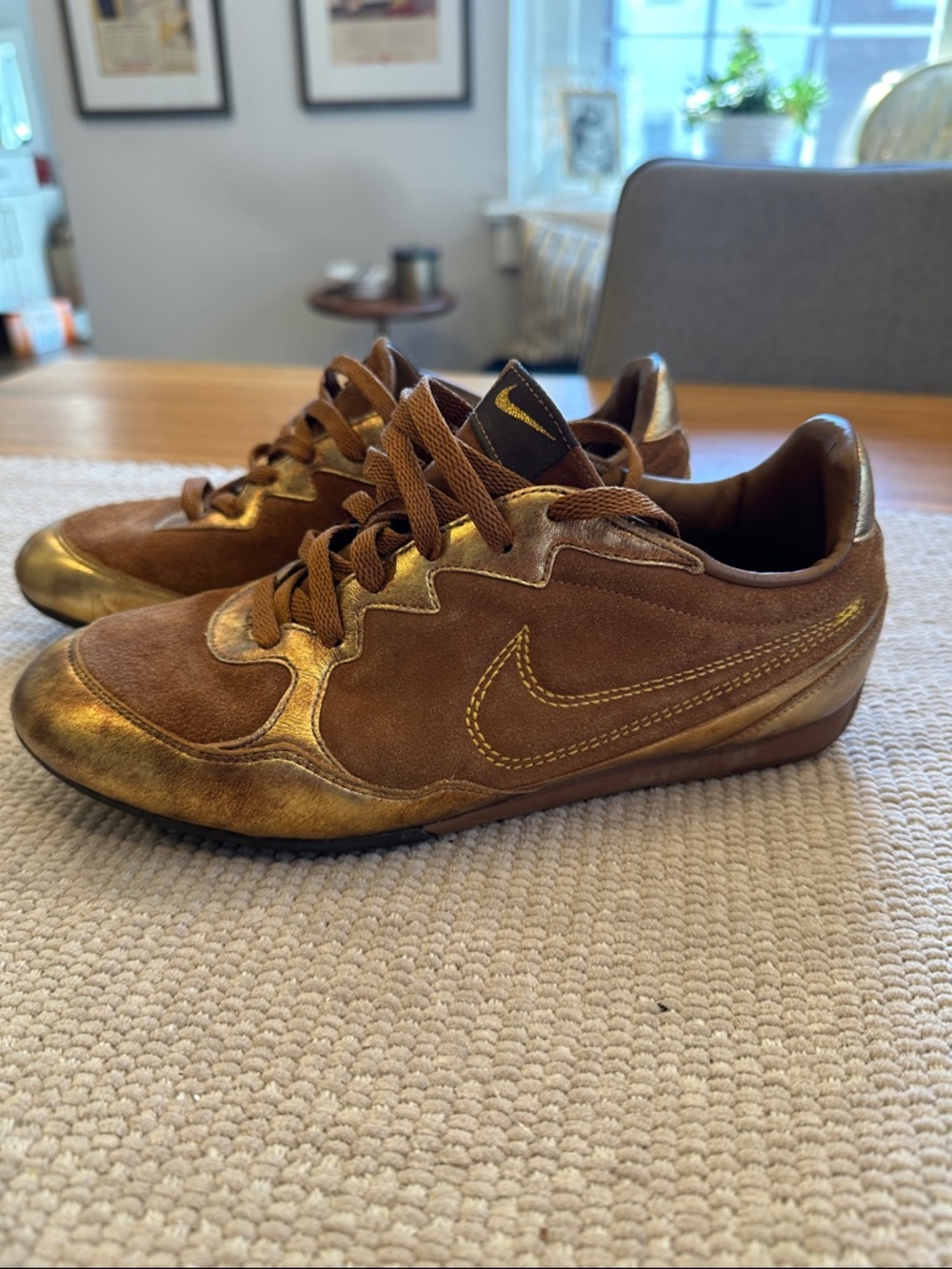Vintage Nike Women’s Brown Suede Sneakers with Gold Accents